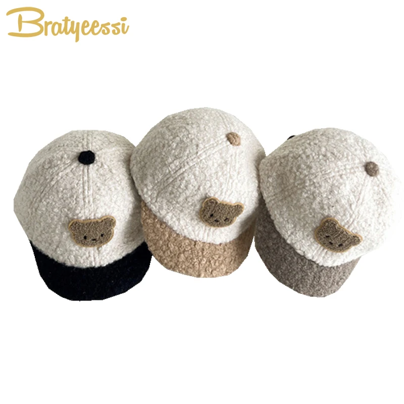Wool Baby Cap Korean Bear Autumn Winter Kids Hat for Girls Boys Fashion Infant Baseball Caps Toddler Accessories 1-3Y