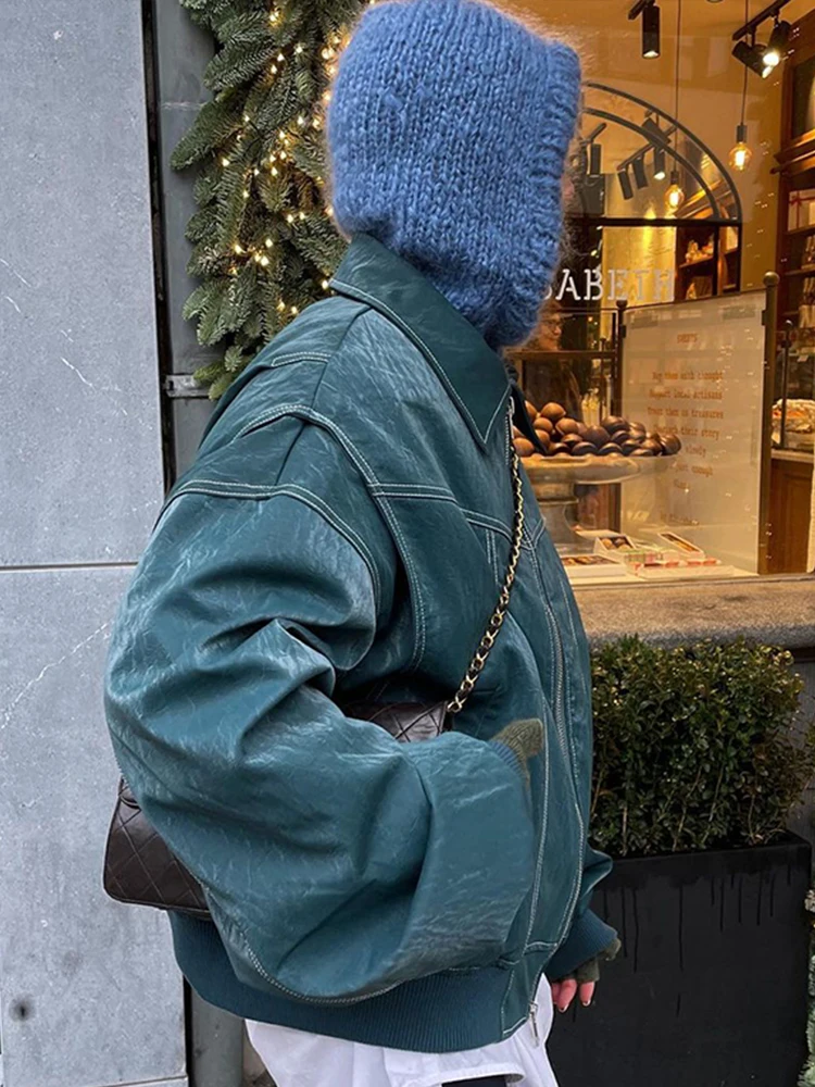 Women Zipper Leather Bomber Jackets Coats Oversized Contrast Stitch Lapel Long Sleeve Jacket Motorcycle 2024 Autumn Outwear Tops 6