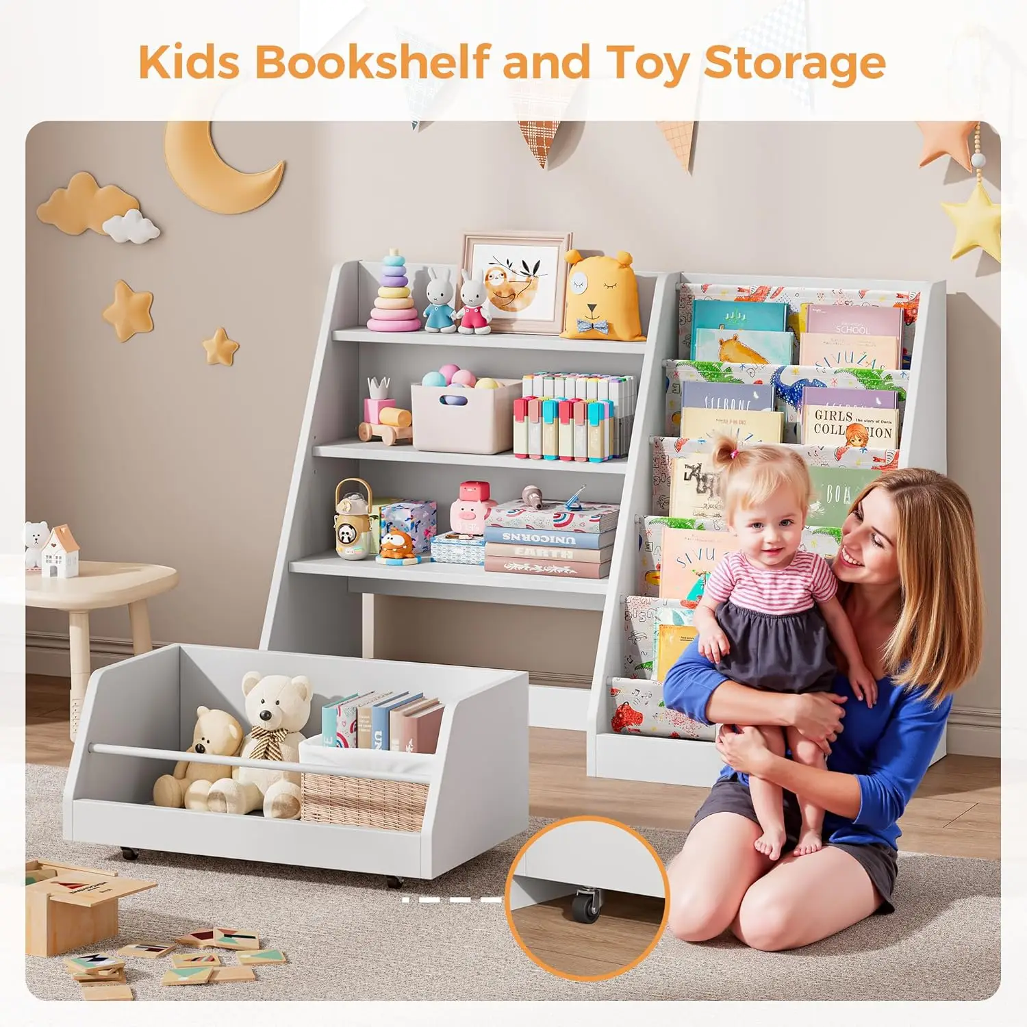 42" Kids Sling Bookshelf with Movable Drawer 3