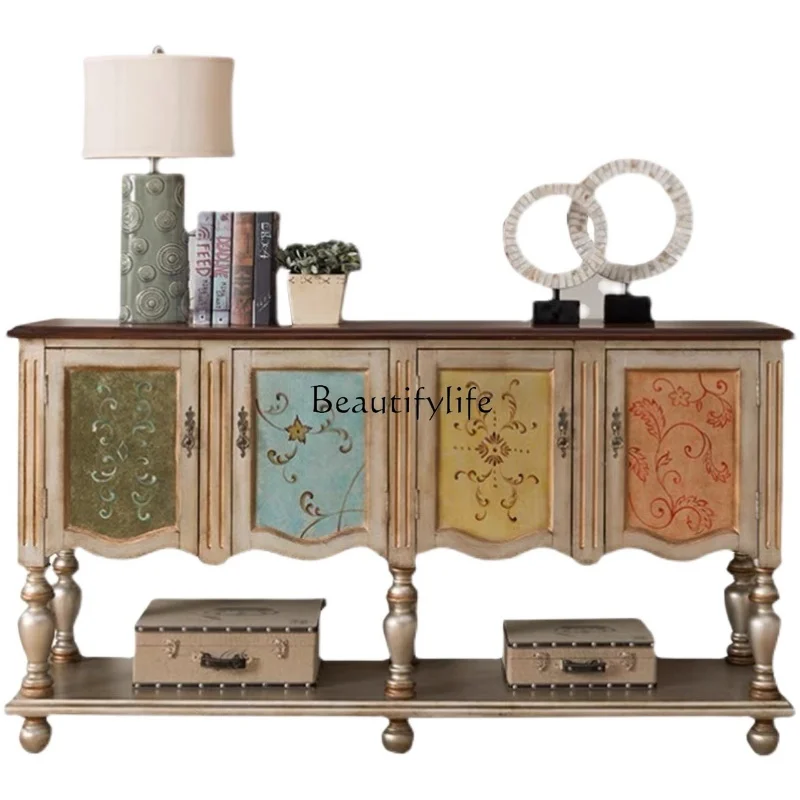 

American Classical Hallway Sideboard Cabinet Solid Wood Living Room Partition Table Simple Cabinet Carved