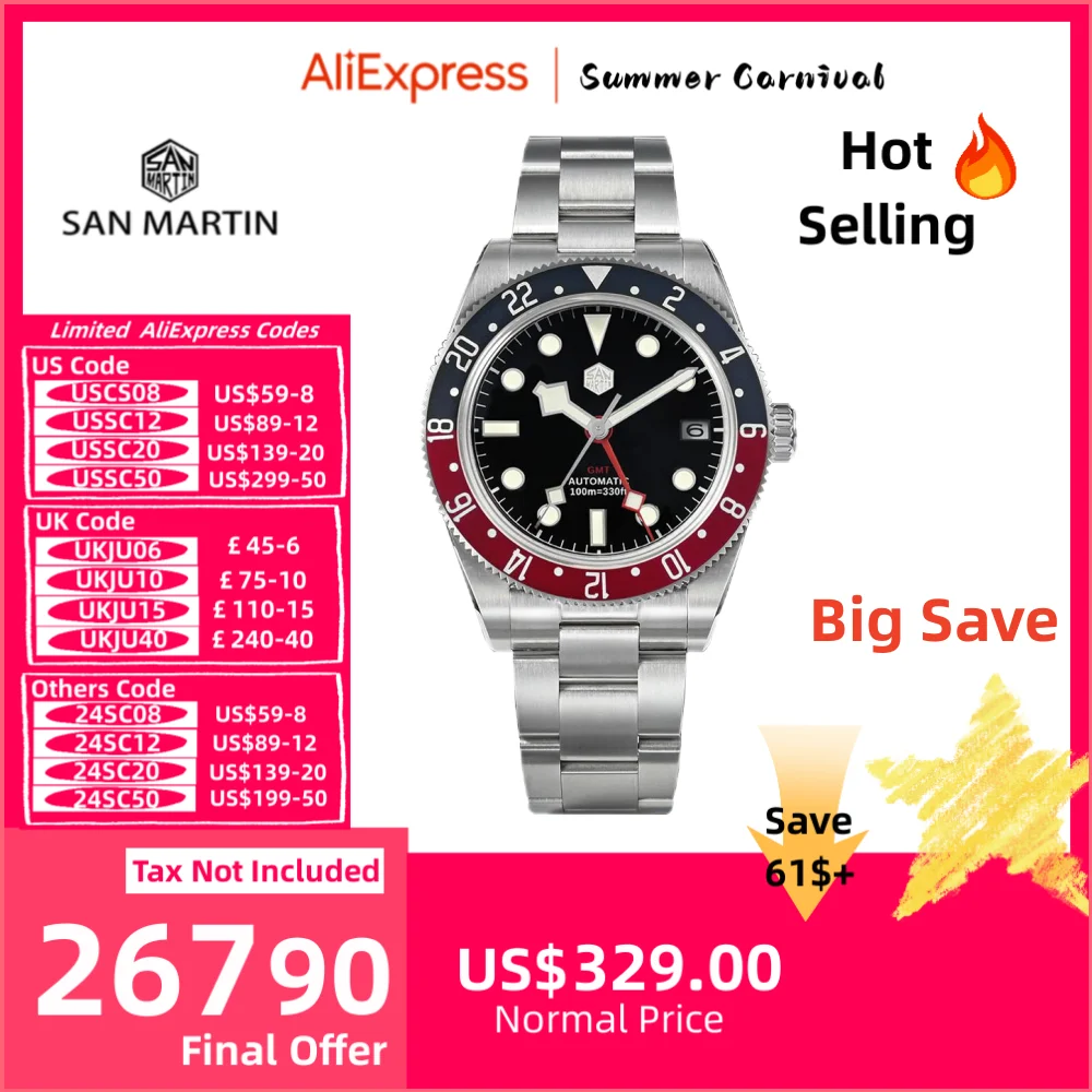 San Martin 남성용 기계식 자동 손목시계, NH34 GMT 시계, 3H 날짜 방수, 10Bar Relojes BGW9 Lume, SN0109, 39mm