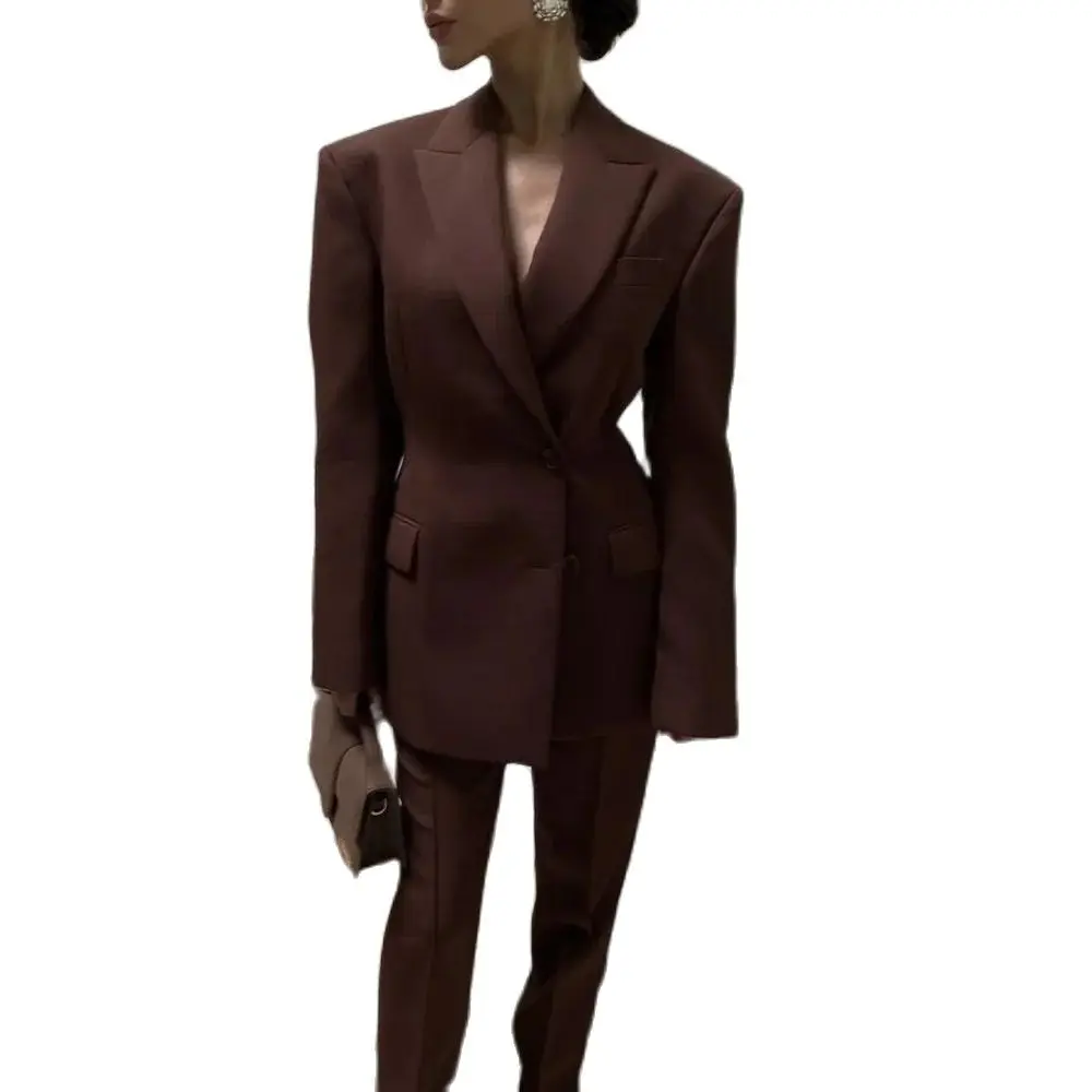 Women Suit Set Chic Burgundy Peak Lapel Suits for Women Two Piece Fashion Party Prom Wedding Tuxedo Business Office Daily Casual Pants Sets