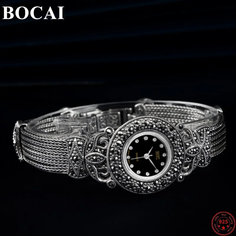 

Женские браслеты BOCAI S925 из стерлингового серебра, новинка 2023, женские модные ретро-часы с тотемным серебряным ремешком, наручные часы