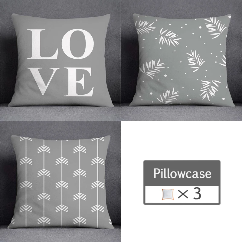 3pcs/lot 45X45CM Gray Lumbar Pillow Case Polyester Geometry Leaf Floral Stripes Plaids Print Sofa Throw Cushion Cover Home Decor 