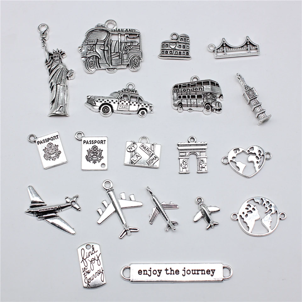 10pcs Antique Silver Plated Travel Journey Souvenir Charms - Main Image