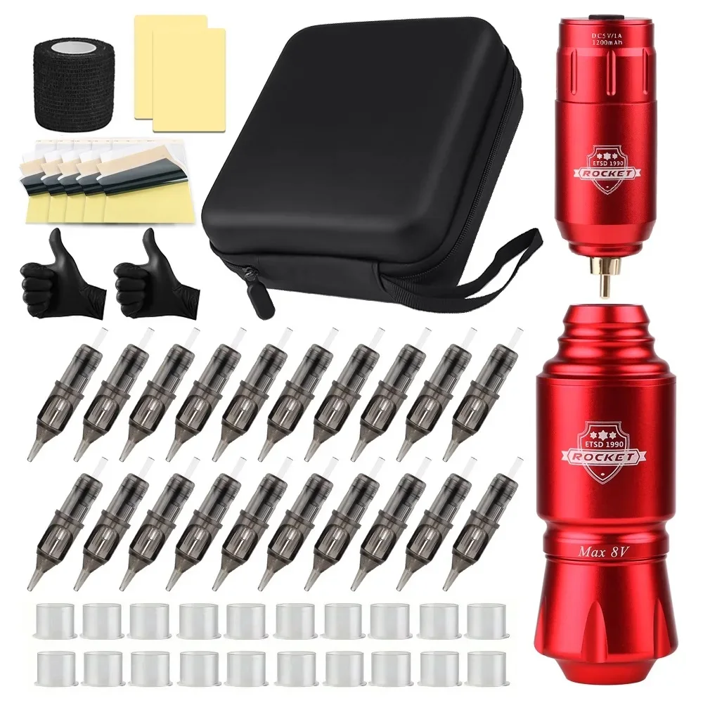 Wireless Tattoo Kit Complete Mini Rocket Machine Battery 20pc Tattoo Needles Power Rotary Tattoo Pen