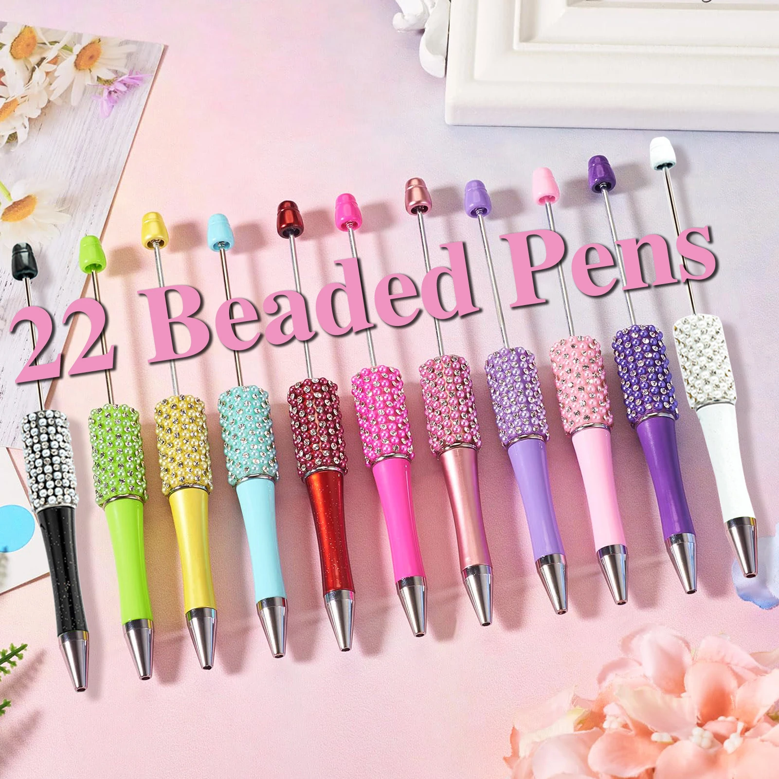 

22Pcs Diamond Bead Ballpoint Pen Student Writing Pens DIY Beadable Pens Stationery Gift Pen Wholesale