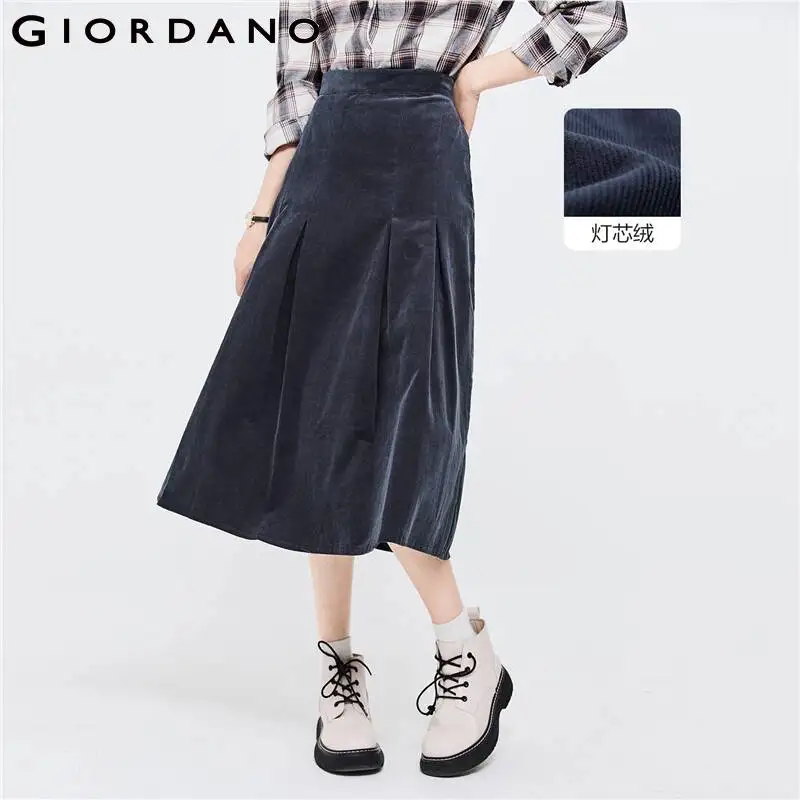 

GIORDANO Women Skirts 100% Cotton Corduroy Pleated Long Skirts Solid Color Slant Pocket Invisible Zipper Casual Long 05462673