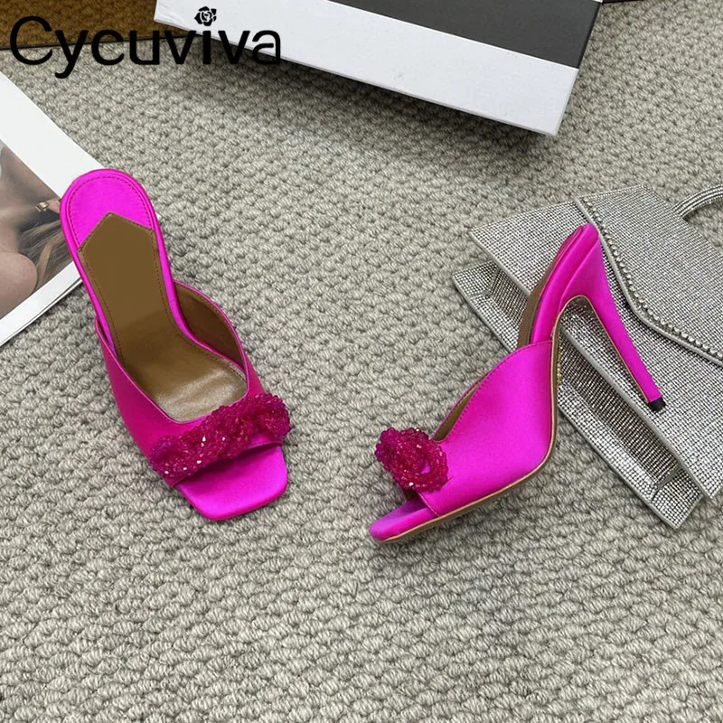 

New Satin High Heel Slippers Women Square Toe Designer Brand Crystal Shoes Summer Sexy Wedding Party Dress Shoes Women Sandals