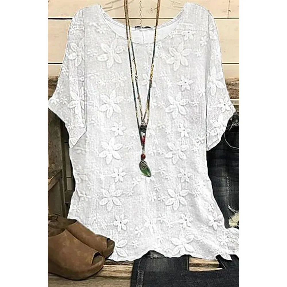 plus size lace patchwork floral print 3 4 sleeve blouse Plus Size Casual White Linen Floral Print Blouse