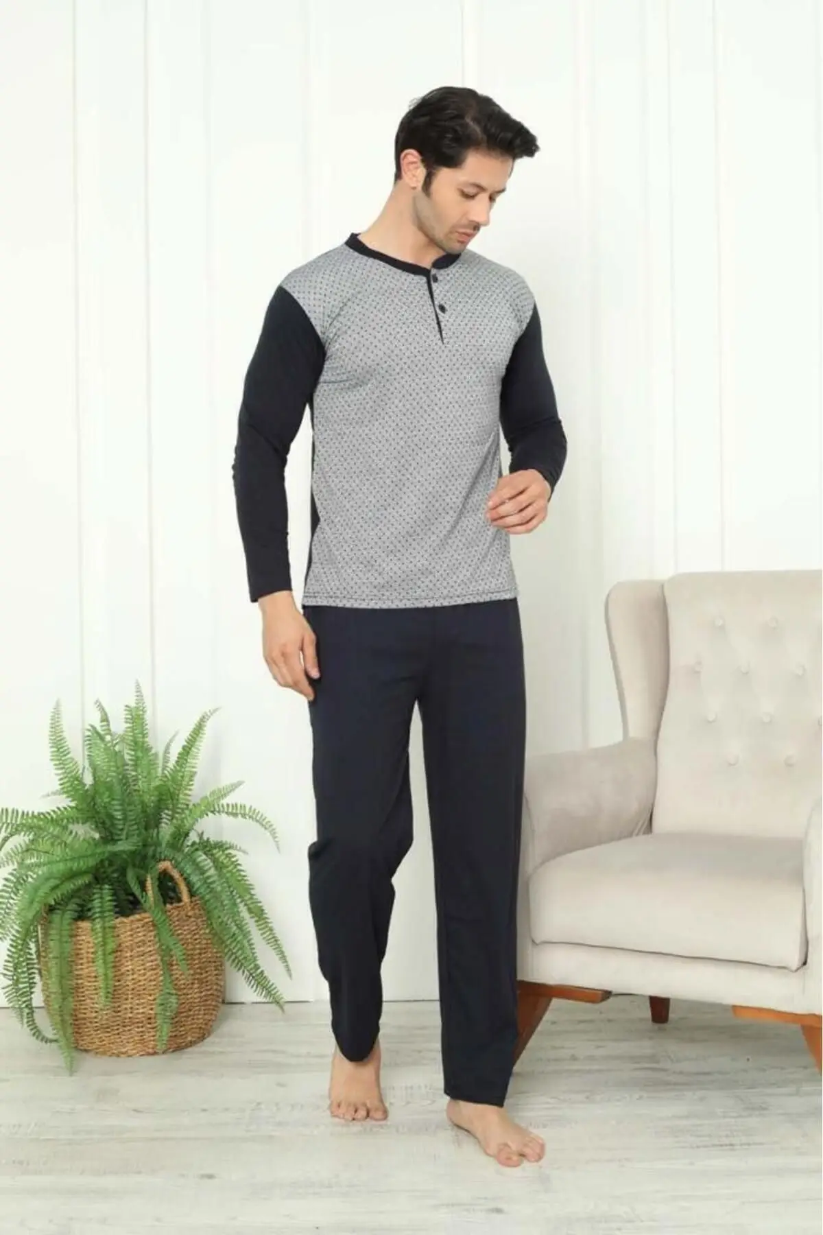Cotton Combed Jacquard Long Sleeve Men's Pajama Set