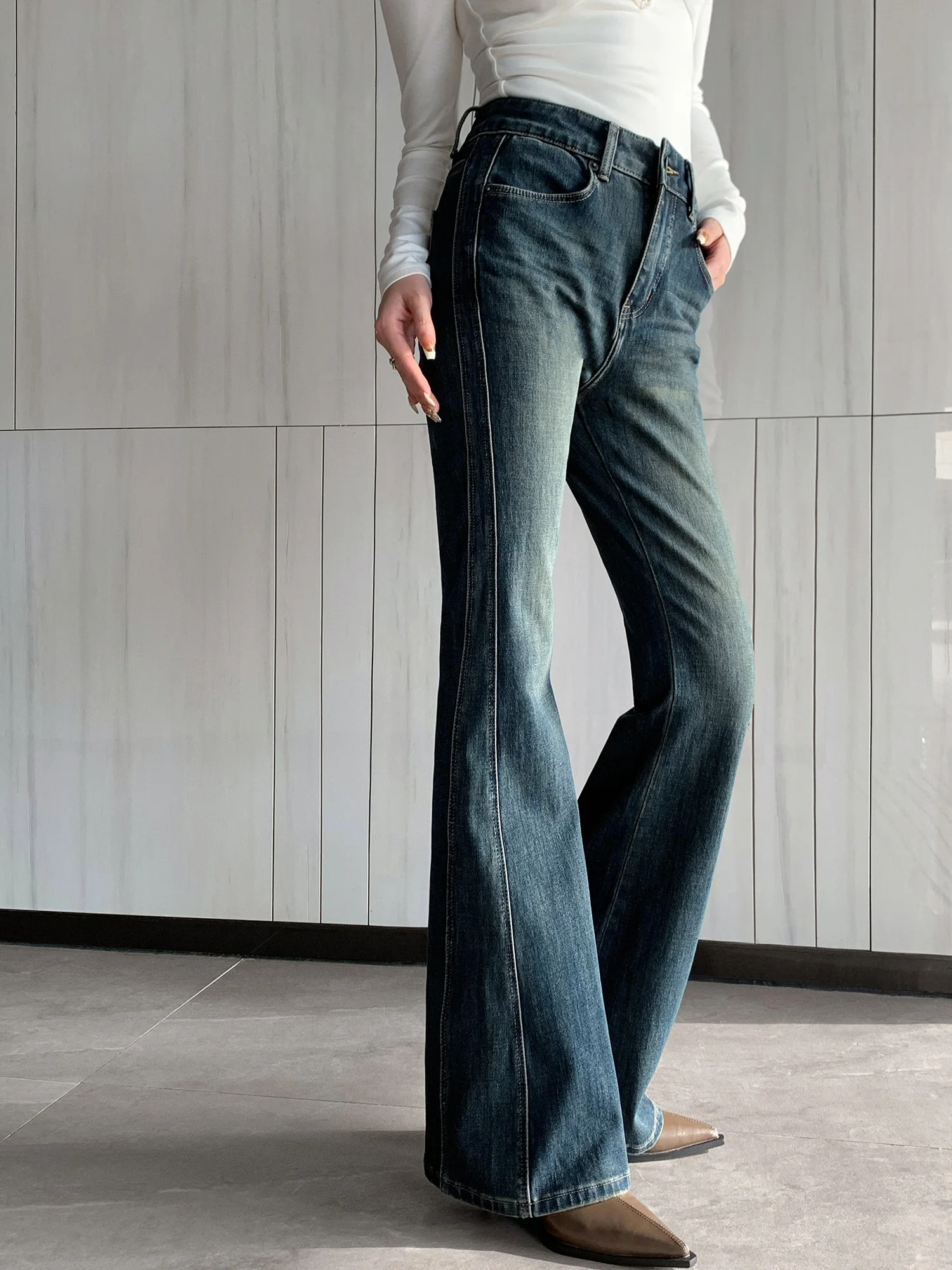 Office Lady Grace Blue Do Old Vintage Washed High-Waisted Slim Flare Pants Per Le Donne Semplici Jeans A Figura Intera-Forgunroses