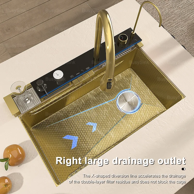 Stainless Steel Golden Kitchen Sink Multifunctional Waterfall Outlet Single Slot Piano Button Digital Display