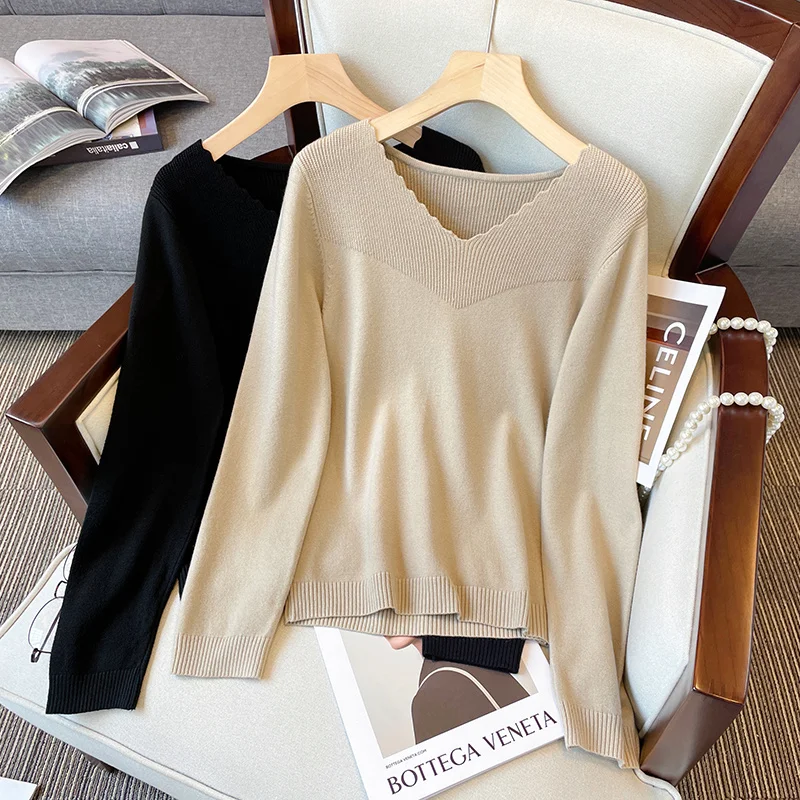 

L-4XL Large Women's Knitted Sweaters 2022 Autumn New Fashionable Knitwear Top V-Neck Slim Basic Jumpers Oversize Female Pull
