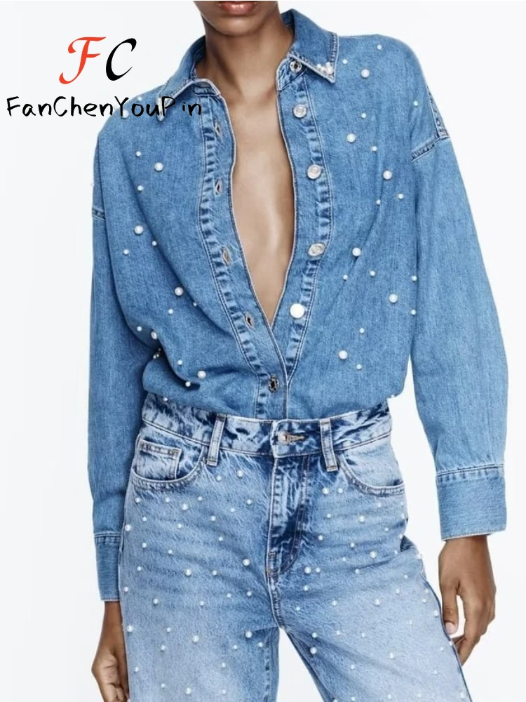 Spring Women's Shirt 2024 New Highstreet Long Sleeved Loose Denim Tops Fashion Casual Office Lady Exquisite Beaded Blouse Female