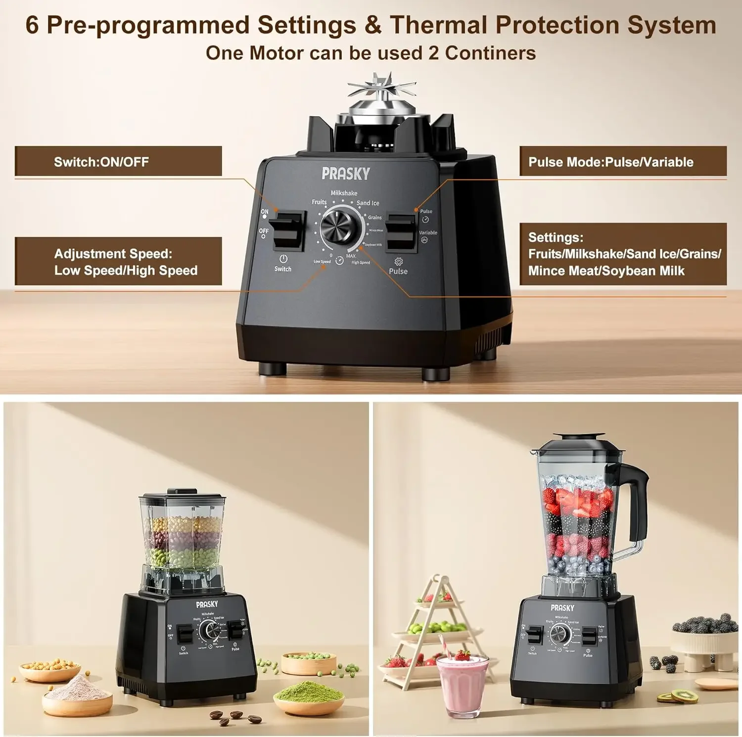 Blender,Smoothies Blenders, PRASKY Max.2400Watts/1000Watts Blender and Grinder Combo 25000RPM Powerful Kitchen Blender 68oz BPA 4