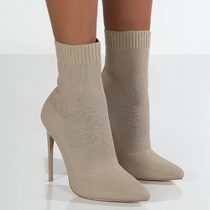 Women Sock Boots Sexy Knitting Stretch Boots Pointed Toe High Heels Shoes Female Thin Heel Ankle Boots Slip-On Women Shoes