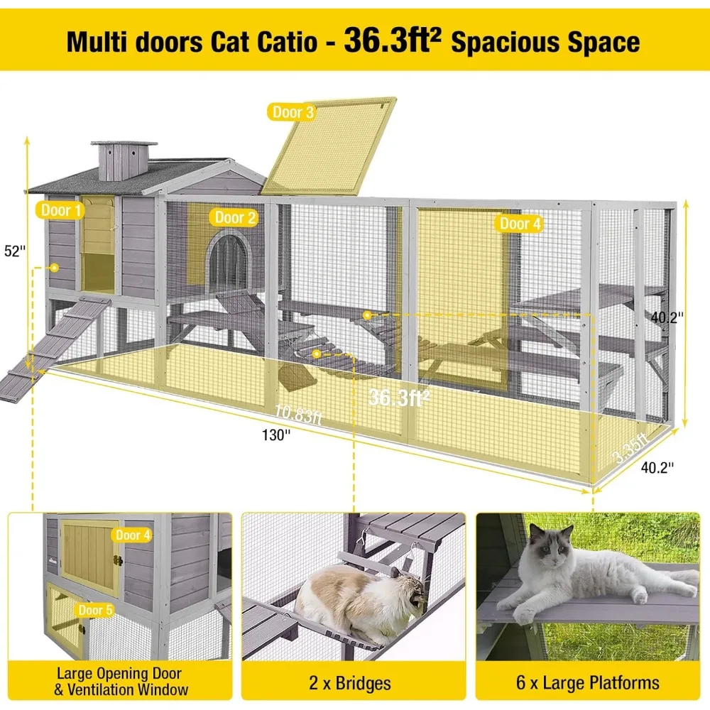 Cat House Catio Outdoor Cat Enclosures, Large Kitty House Condo Playpen with Platforms & Unique Deformation Cats