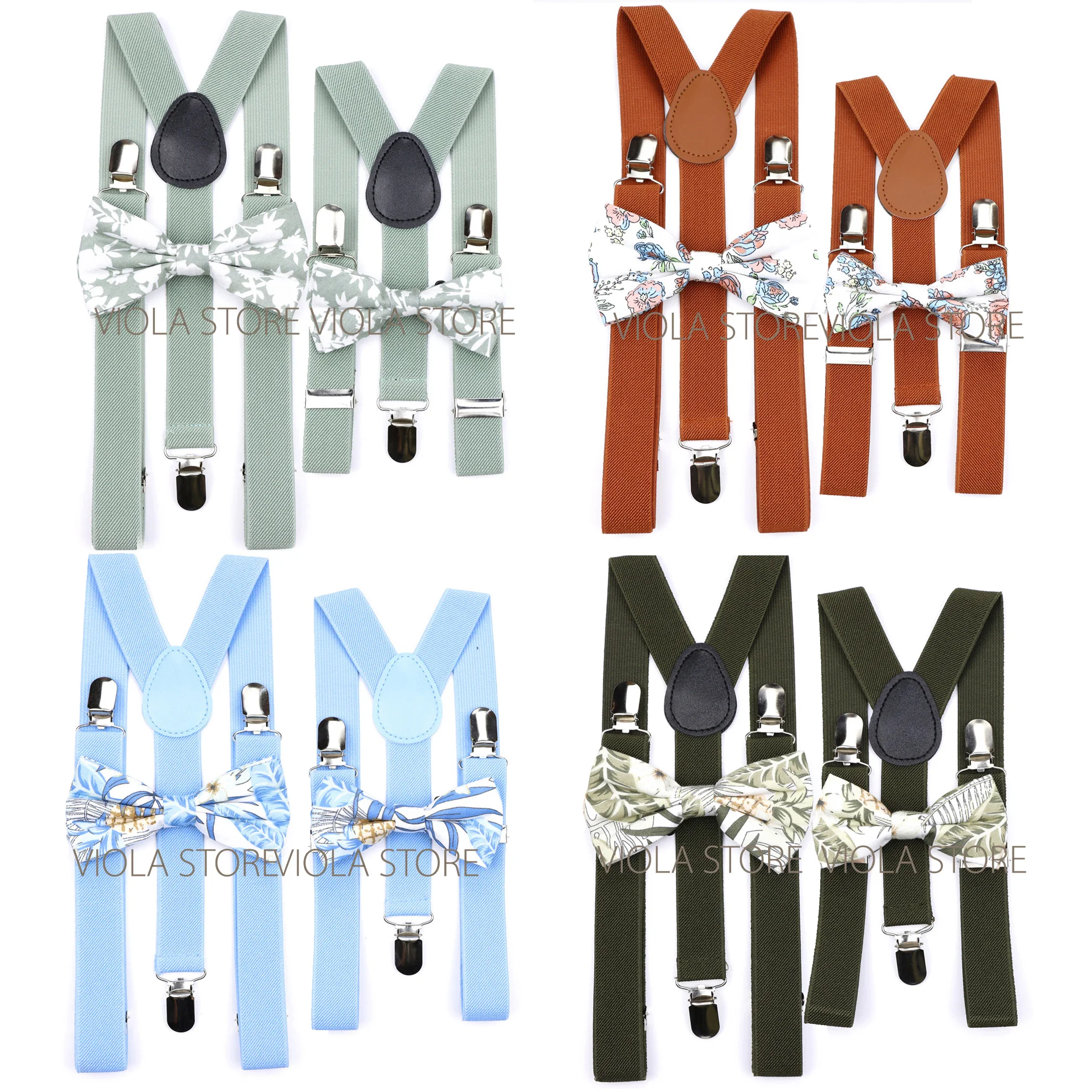 

Men Kids Sage Blue Beige White Elastic Suspender Floral Cotton Bowtie Set Party Wedding Women Daily Butterfly Brace Accessory