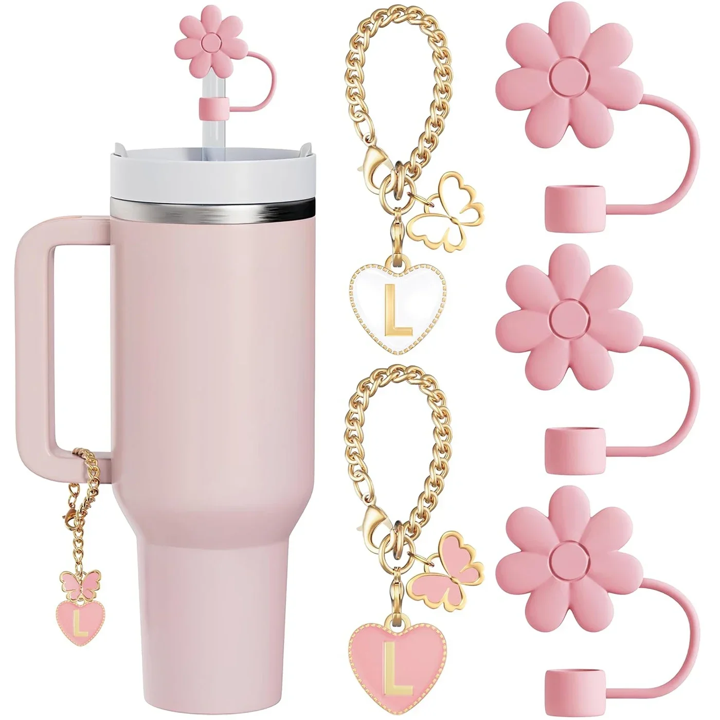 Stanley Cup Accessories - 3pcs 10mm Flower Straw Toppers + 2pcs Letter Charms, Food Grade Silicone, For 30oz & 40oz Tumblers