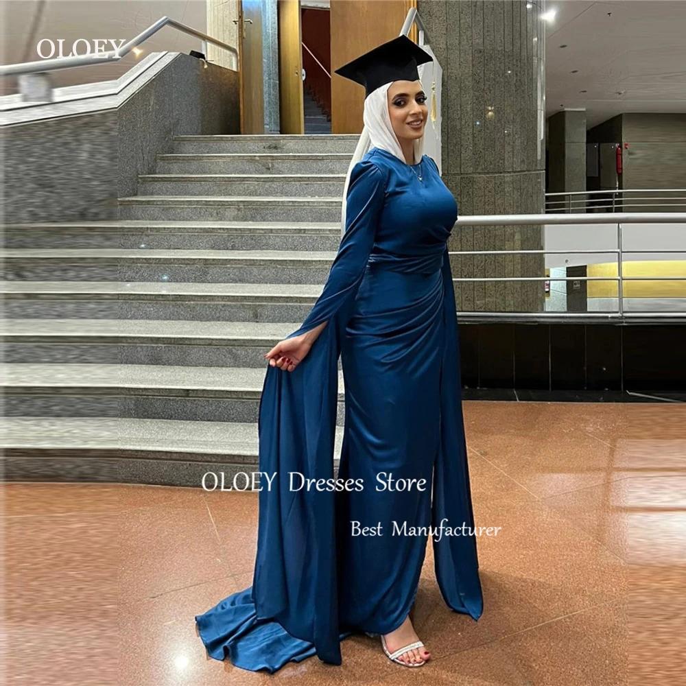 

OLOEY Simple Blue Muslim Arabic Women Evening Dresses Formal Party Dress Long Sleeves Silk O-Neck Pleats Prom Gowns Occasion