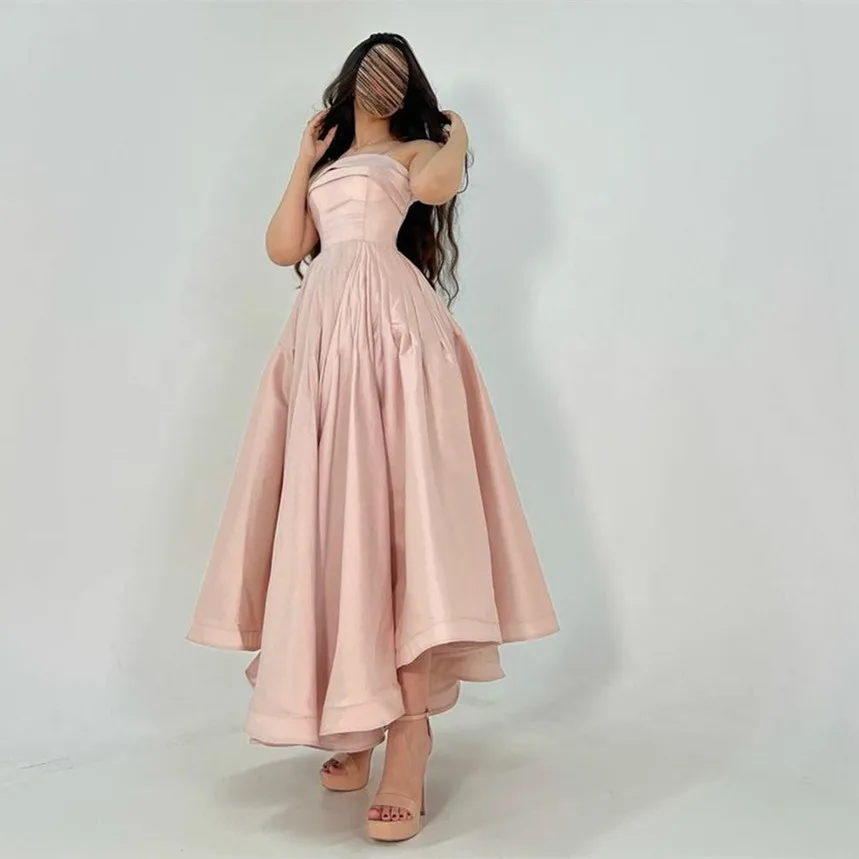 

BridalAffair Classic Short Pink Strapless Satin Evening Dresses فساتين سهرة A-Line Pleated Above Ankle Length Prom Dresses
