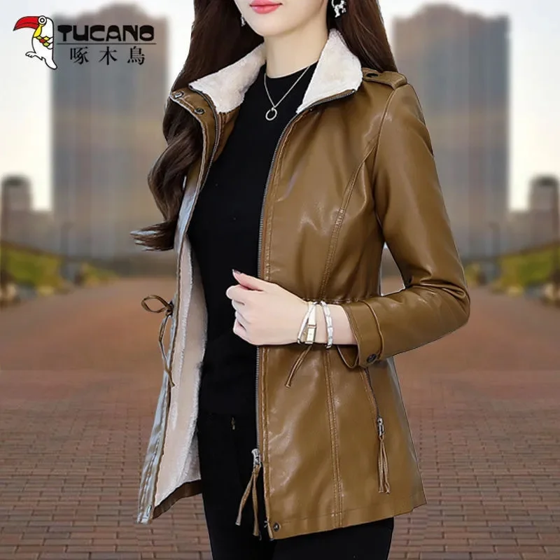 Ailegogo-Chaqueta De Piel De Cordero Para Mujer, Abrigo De Piel Sintética Con Cuello Vuelto, Cremallera Grua Y Cálida Con Cinturón - AliExprs 200000345