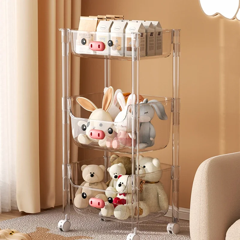 

Transparent Bookshelves and Toy Trolley: Household Organizer with Removable Multi-Layer Finishing Rack on Wheels