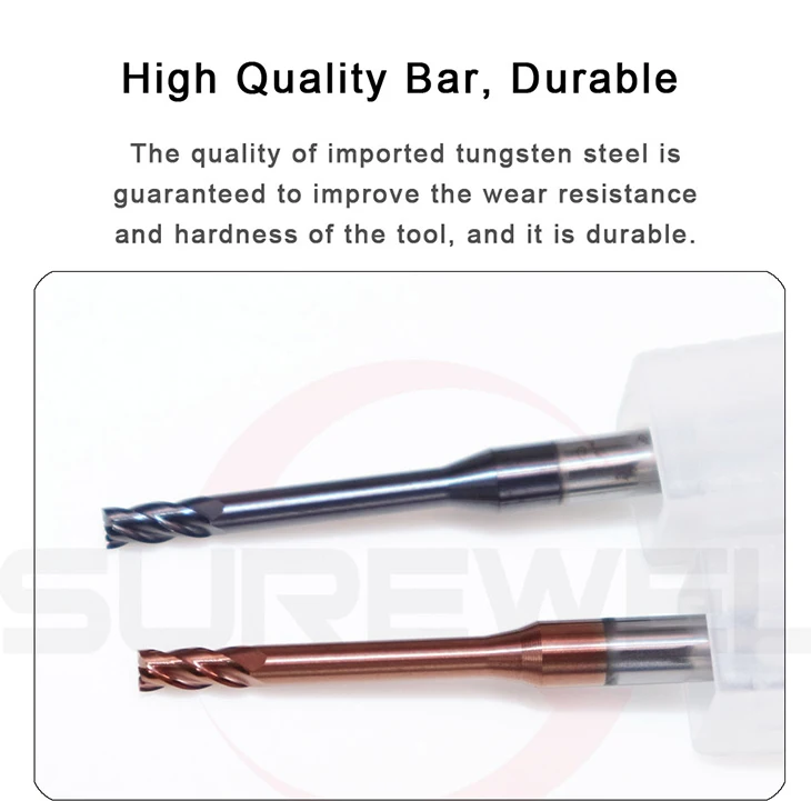 SUREWEL 1-3 mm 4-Flöte Superhard Langhals-Endfräser HRC60 Hartmetall-CNC-Werkzeug R0.1 R0.2 für Edelstahl-Tieffräser – Detail 8