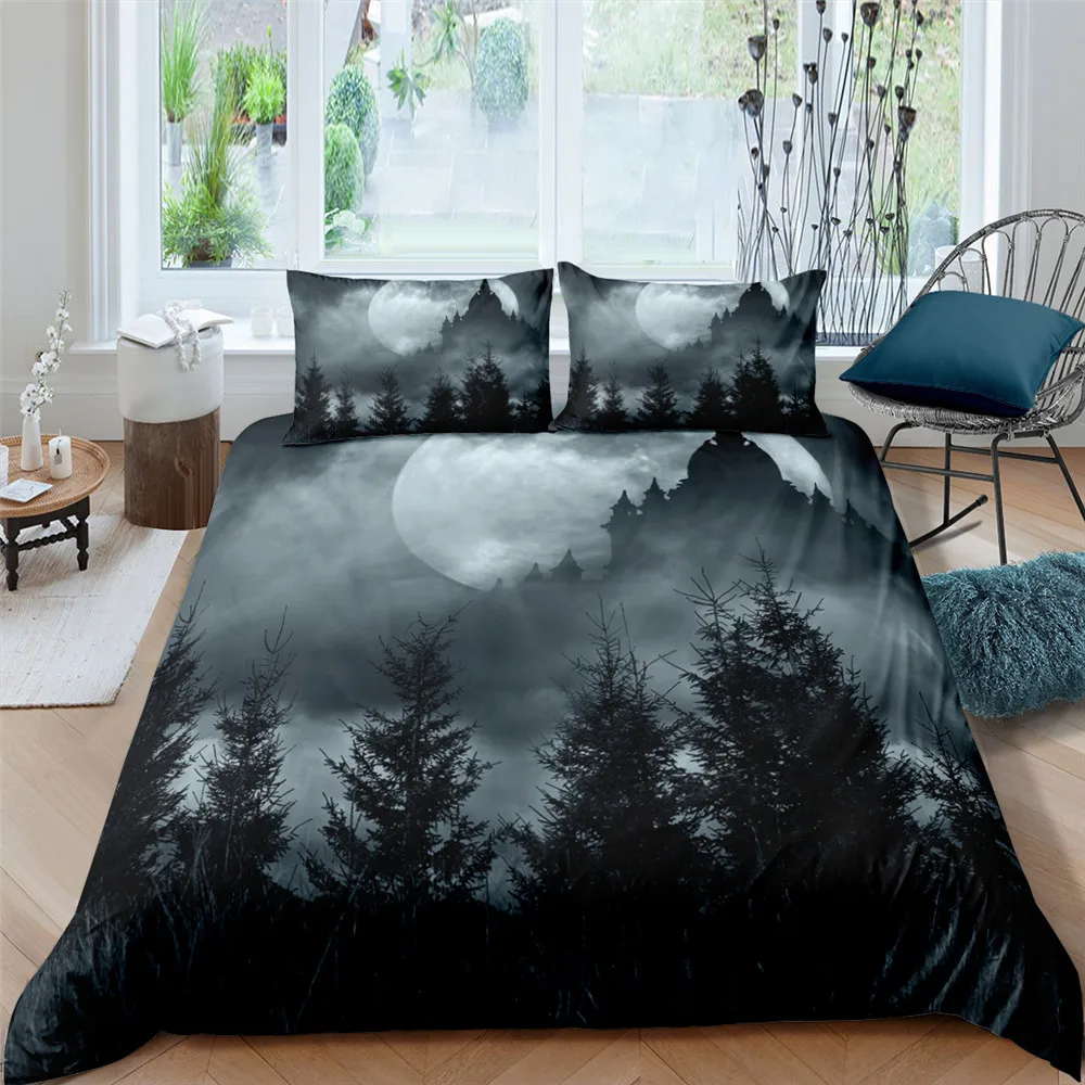 

Moon Night Scene Duvet Cover Red Dark Sky Sunset Clouds Bedding Set Teens Adults Forest Bedroom Decoration Polyester Quilt Cover