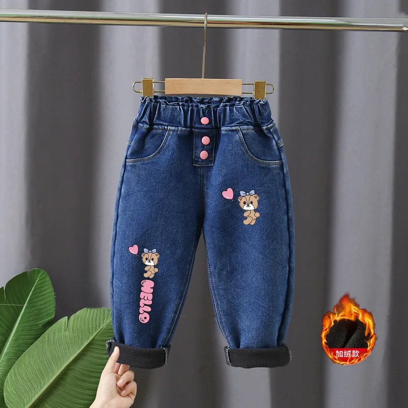 

2024 New Children's Autumn and Winter Jeans Girls' Cartoon Print Plush Thickened Jeans Infant Stretch Warm Jeans 0-7Y