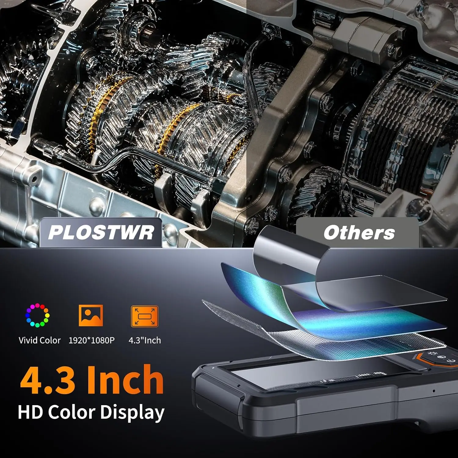 Endoscope Camera with Light, 4.3" Inspection Camera, 1920P HD Borescope with 8 LED Lights, IP67 Waterproof Snake Sewer Tools