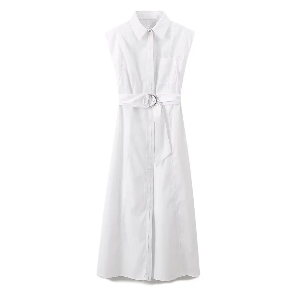 

Women's New Fashion With Belt Pocket Decoration Shirt Style Poplin Midi Dress Retro Sleeveless Button up Women's Dress Mujer