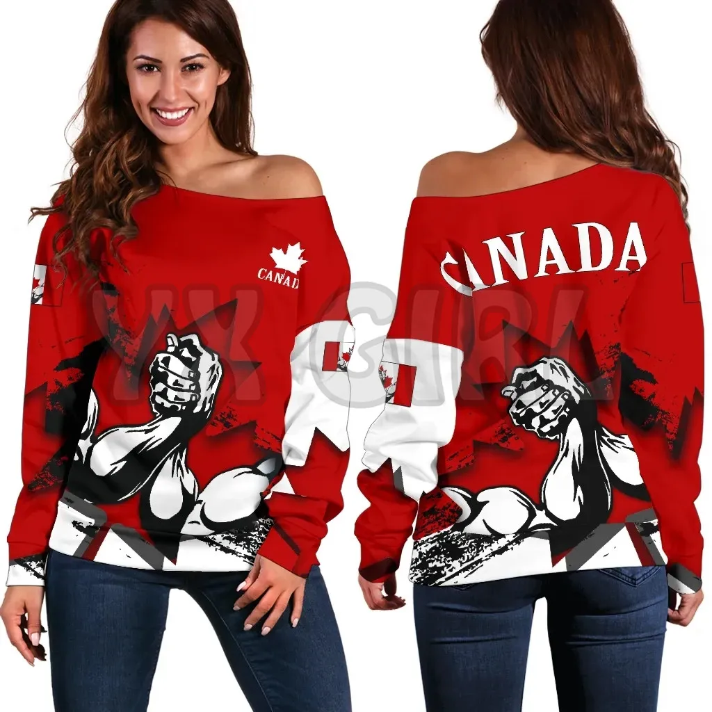 YX GIRL Canadian Armed Forces Off Shoulder Sweater Flag 3D Printed Novelty Women Casual Long Sleeve Sweater Pullover