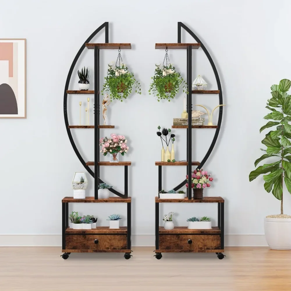 

2 Pcs 6 Tier Plant Stand, Multi-Purpose Half-Moon-Shaped Plants Shelf Holder with Drawer and Detachable Wheels, Plant Shelve