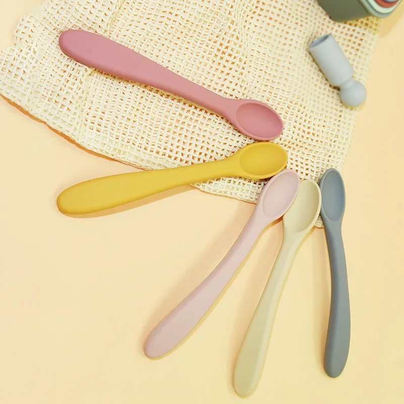 Custom BPA free Food Grade Baby First Stage Soft Feeding Tipped Toddler Utensils Set Silicone Baby Spoon 3