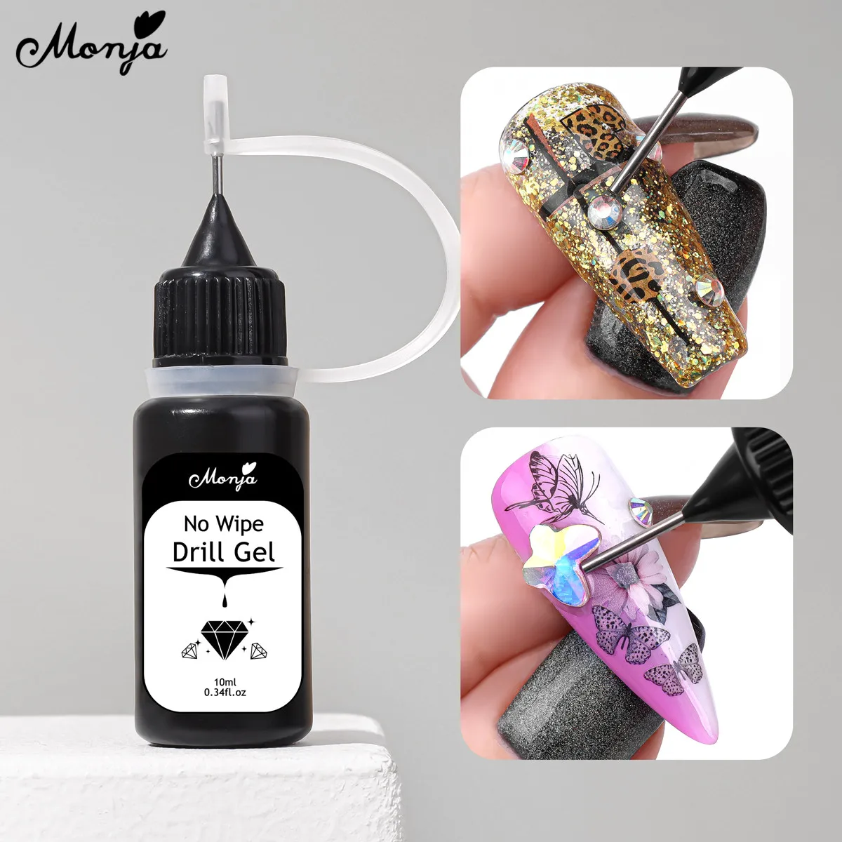 Monja 10ml Adhesive Drill Glue Rhinestones Nail Gel Pinhole No Wipe