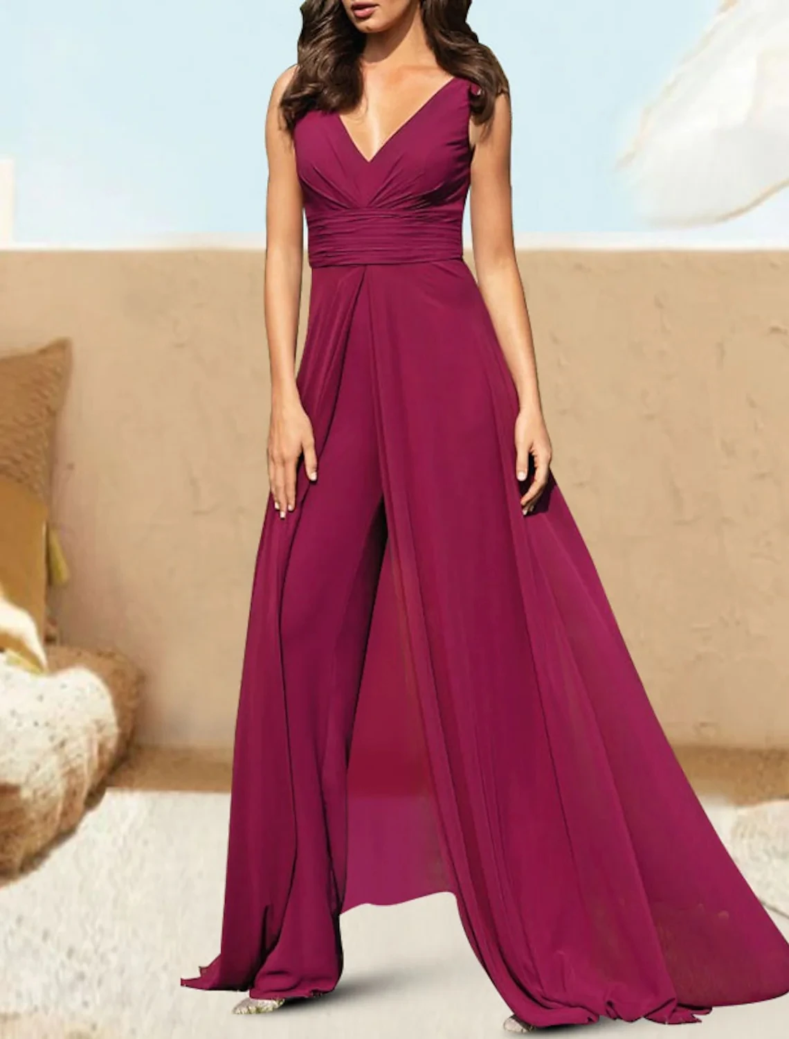 

Elegant Jumpsuits Evening Party Dress 2023 Sleeveless V Neck Ruched Chiffon Prom Formal Gowns Vestidos De Festa