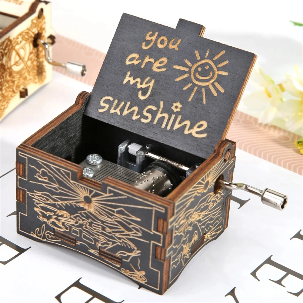 You Are My Sunshine Music Box Engraving Pattern Wooden Hand Cranked Musical Box Birthday Present Mother's Day Gifts for Mom