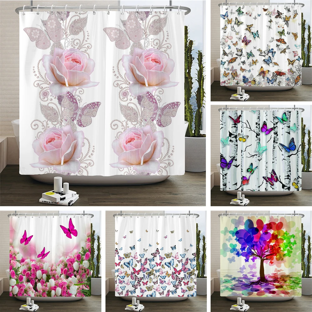 

Beautiful Butterfly Flowers Shower Curtain Bathroom Screen Decoration Large 240X180 Shower Curtains Waterproof Washable Fabric