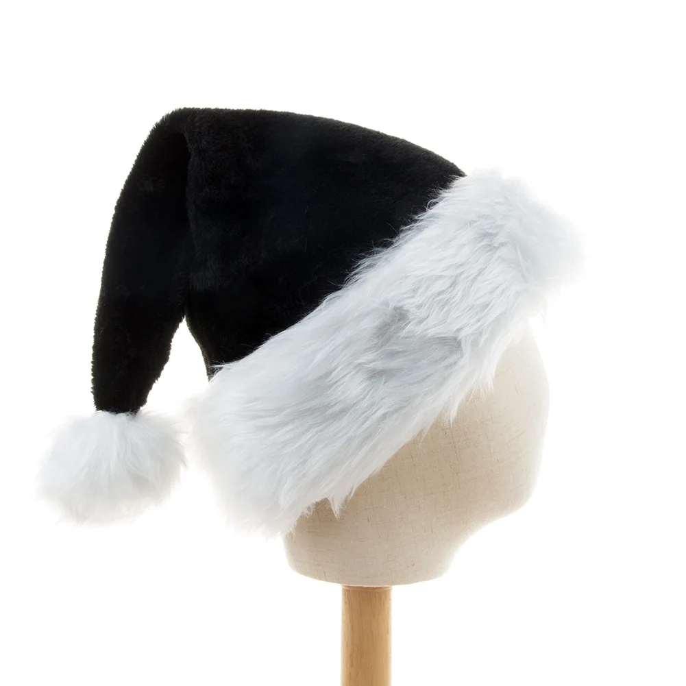 45cm Christmas Cap Adult Santa Hat Black Plush Christmas Hat Long Xmas Costume Pompom Santa Claus Cap