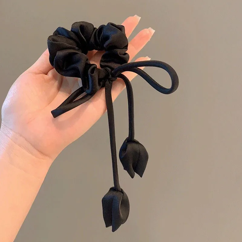 New Sweet Flower Elegant Pink Tulip Hair Rope for Women Fashion Bowknot Flower Tassels Hair Band Accessories