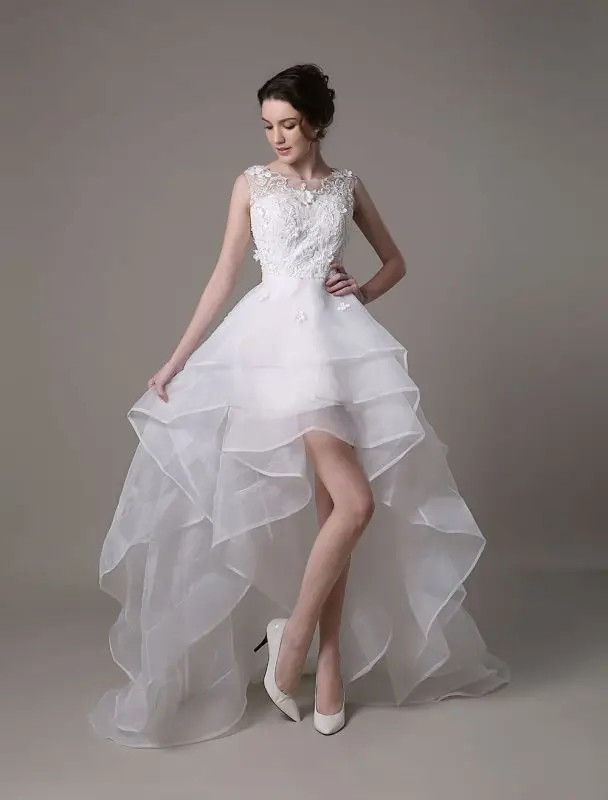 

2024 - 1 Short Wedding Dress Knee Length Cap Sleeve Lace Applique Satin Organza Backless Beach Wedding Bridal Gowns High Low B