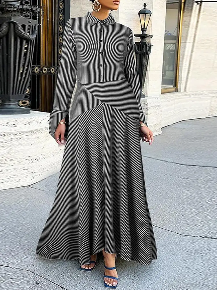 

ZANZEA Women Lapel Ruffled Maxi Dress 2023 Fashion Long Sleeve Button Up Shirt Dress Streetwear Chic Striped Patchwork Long Robe