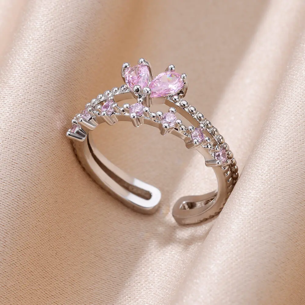 Zircon Stainless Steel Adjustable Heart Double Ring
