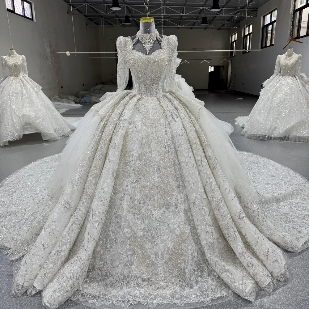 فستان زفاف فاخر بأكمام طويلة ثوب الكرة الدانتيل ال...