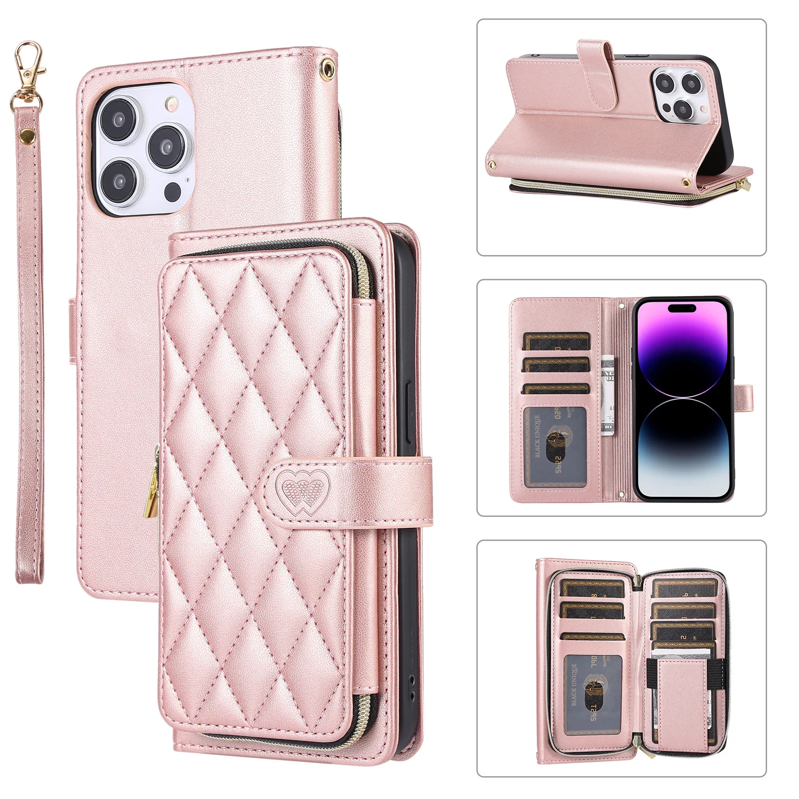 Wallet Shoulder Strap Phone Case For iPhone 15 Pro Max 14 13 12 11 Pro Max 15 Plus 13 Pro Zipper Leather Card Slot Lanyard Cover