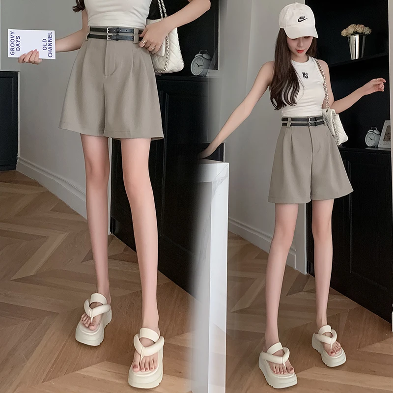 Loose Wide Leg Short Pants Women Casual Streetwear Summer Bermuda Shorts Suits Double Belt High Waist Cargo Short Femme Black