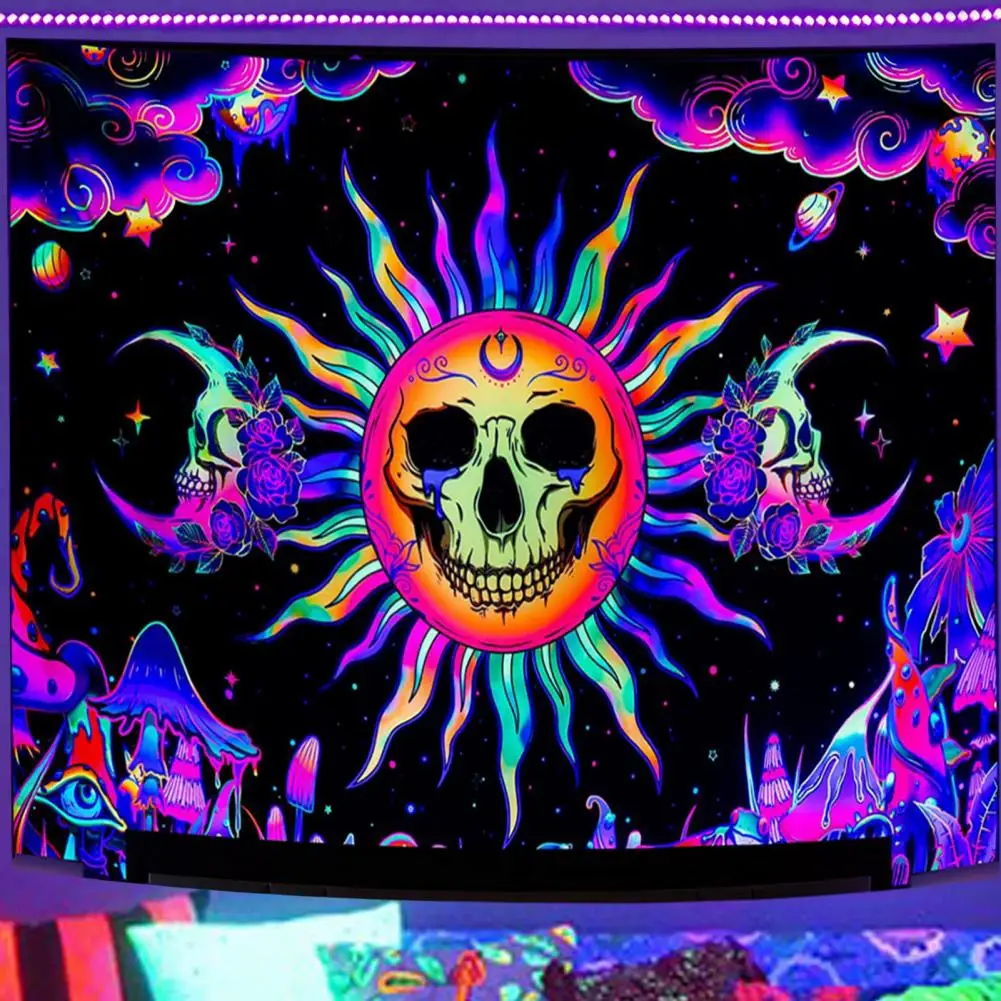 

Hand-stitched Tapestry Uv Reactive Tapestry Glow-in-the-dark Halloween Skull Tapestry Uv Light Reactive Wall Art for Room