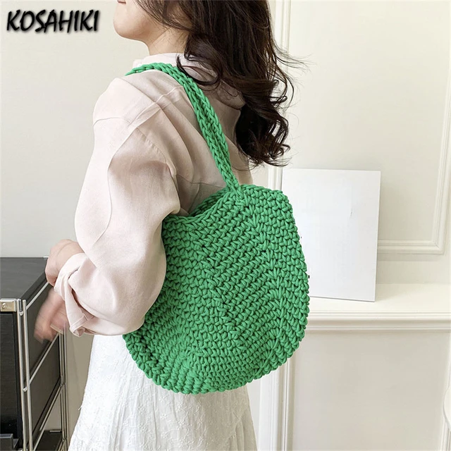 Fashion Vacation Crochet Tote Bag Aesthetic Bag Y2k Nitted Shoulder Bag  Summer Mesh Beach Bags Handbag For Girls(Orange)